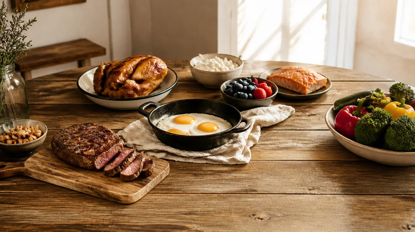 Proteinreiches, unverarbeitetes Essen auf einem Holztisch